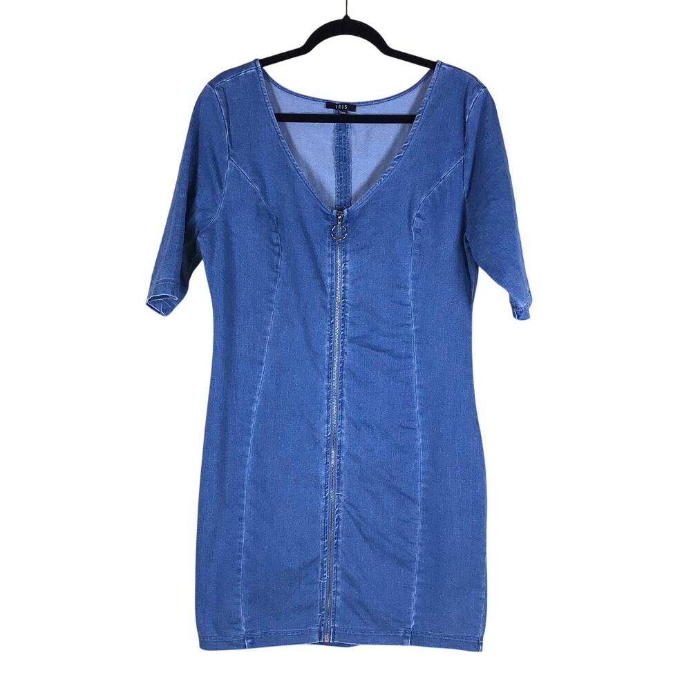 IRIS Denim Dress Women’s XL Blue Stretch Mini Zip Front Cotton Spandex Casual